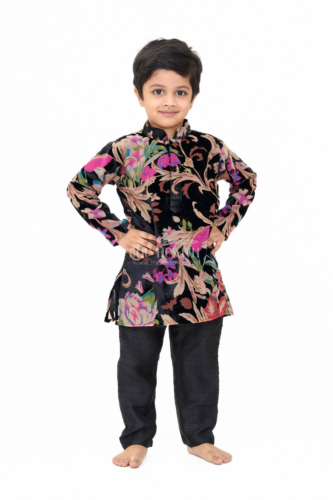 The Nesavu Boys Casual Set Boys Black Velvet Brazzo Casual Wear with Floral Print and Comfortable Pants Nesavu 16 (1Y) / Multicolor BES612A-16 Nesavu Boys Velvet Casual Wear Set Floral Print Shirt Black Pants