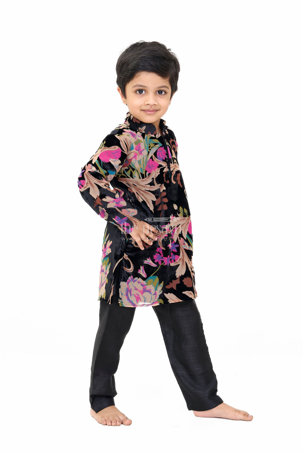 The Nesavu Boys Casual Set Boys Black Velvet Brazzo Casual Wear with Floral Print and Comfortable Pants Nesavu Nesavu Boys Velvet Casual Wear Set Floral Print Shirt Black Pants
