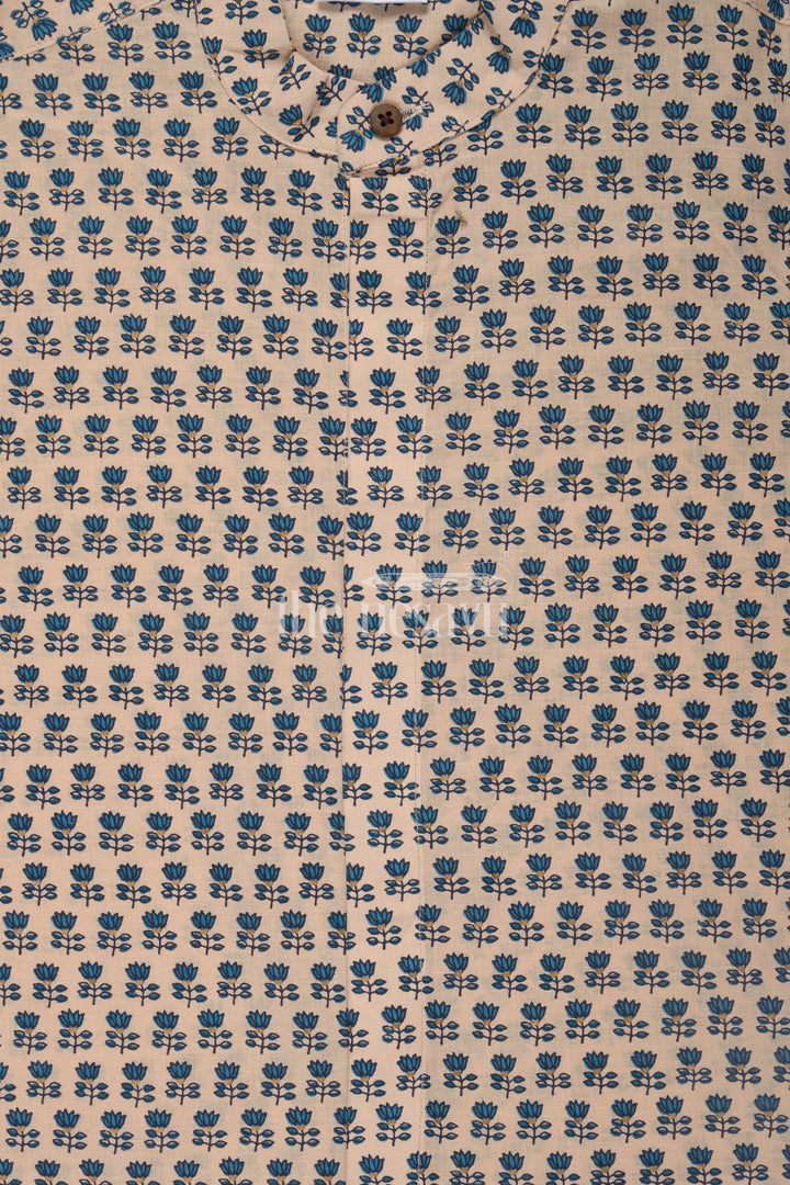 The Nesavu Boys Cotton Shirt Boys Blue Cotton Shirt with Floral Print and Mandarin Collar for Versatile Casual Wear Nesavu Nesavu Boys Blue Cotton Shirt Floral Print Casual Semi-Formal Wear
