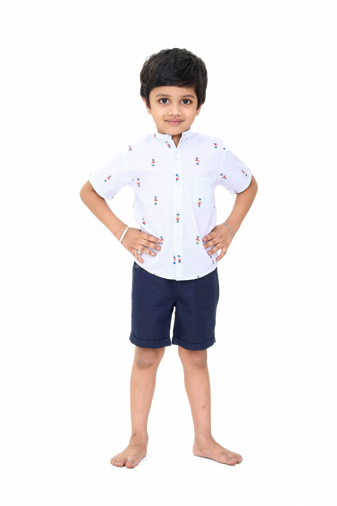 The Nesavu Boys Casual Set Boys Blue Printed Shirt and Black Shorts Set for Casual Outings Nesavu 14 (6M) / Blue BCS200A-14 Boys Printed Shirt Black Shorts Set Comfortable Stylish Casual Outfits