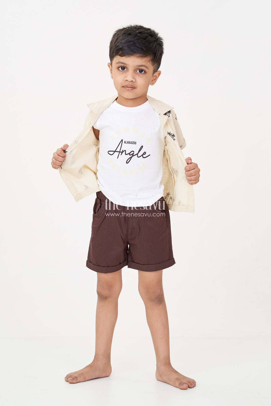 The Nesavu Boys Casual Set Boys casual clothes Set with Palm Tree Shirt Sleeveless Tee and Dark Shorts for a Cool Summer Look Nesavu 14 (6M) / Cream BCS243A-14 Nesavu Boys casual clothes Set Palm Tree Shirt Sleeveless Tee Summer Comfort