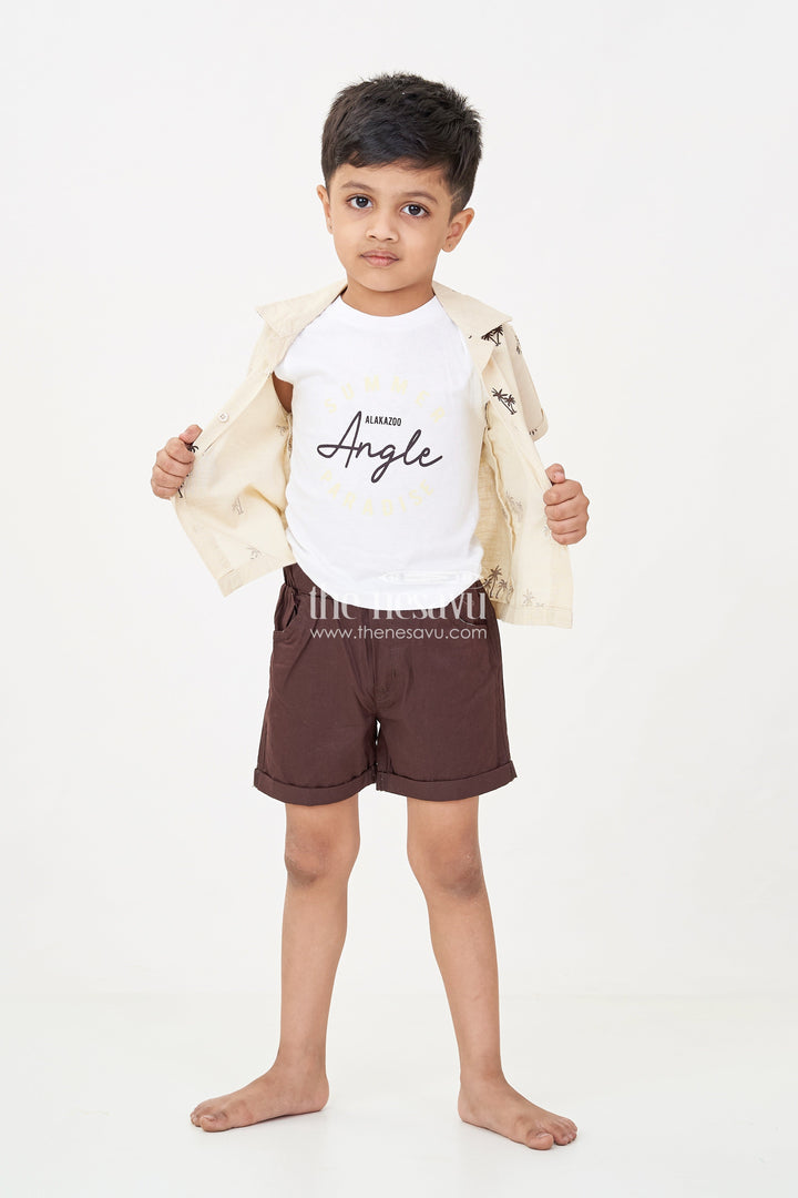 The Nesavu Boys Casual Set Boys casual clothes Set with Palm Tree Shirt Sleeveless Tee and Dark Shorts for a Cool Summer Look Nesavu 14 (6M) / Cream BCS243A-14 Nesavu Boys casual clothes Set Palm Tree Shirt Sleeveless Tee Summer Comfort