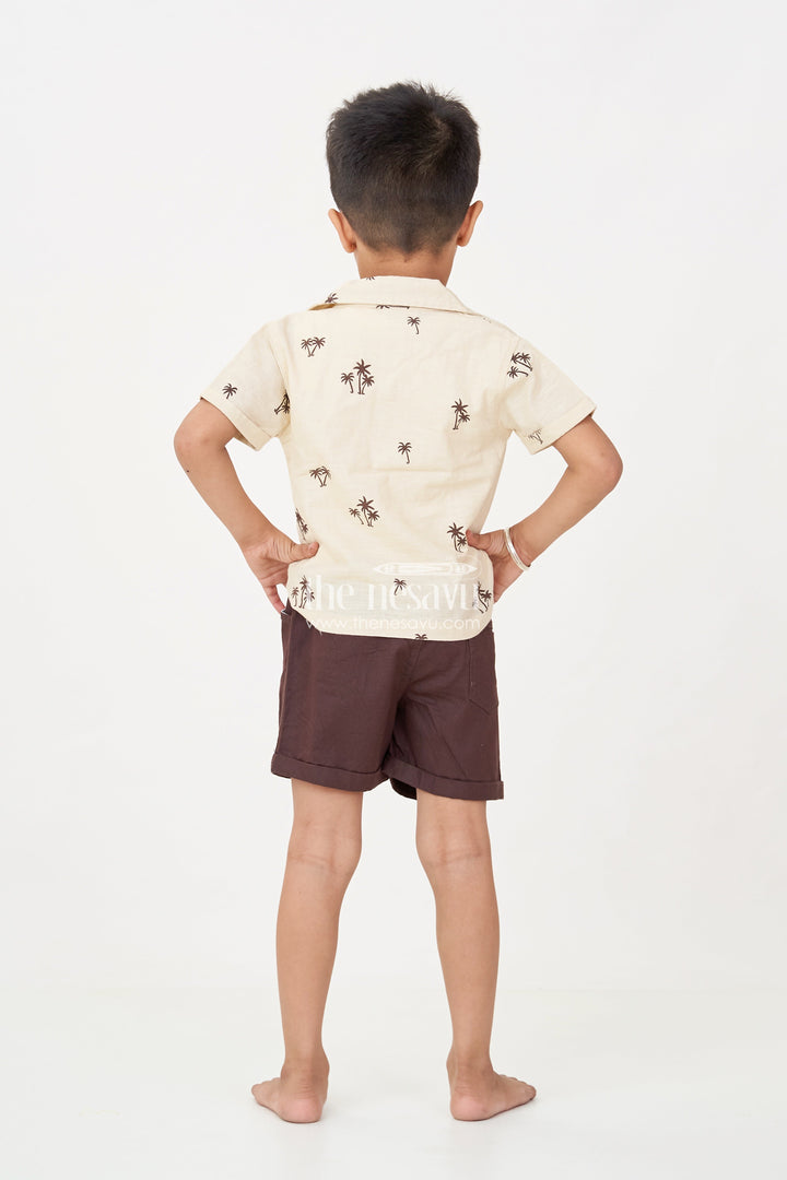 The Nesavu Boys Casual Set Boys casual clothes Set with Palm Tree Shirt Sleeveless Tee and Dark Shorts for a Cool Summer Look Nesavu Nesavu Boys casual clothes Set Palm Tree Shirt Sleeveless Tee Summer Comfort