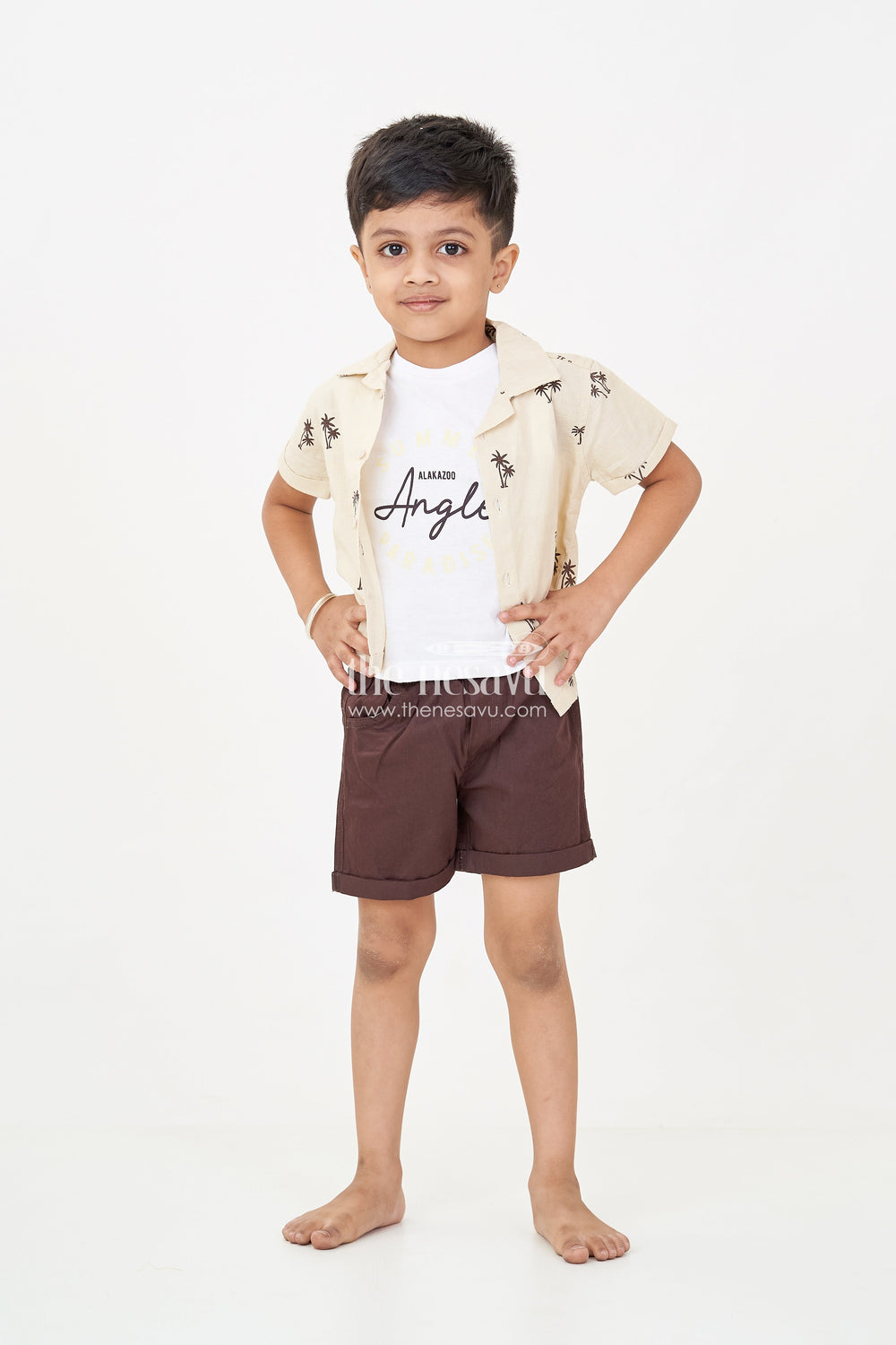 The Nesavu Boys Casual Set Boys casual clothes Set with Palm Tree Shirt Sleeveless Tee and Dark Shorts for a Cool Summer Look Nesavu Nesavu Boys casual clothes Set Palm Tree Shirt Sleeveless Tee Summer Comfort