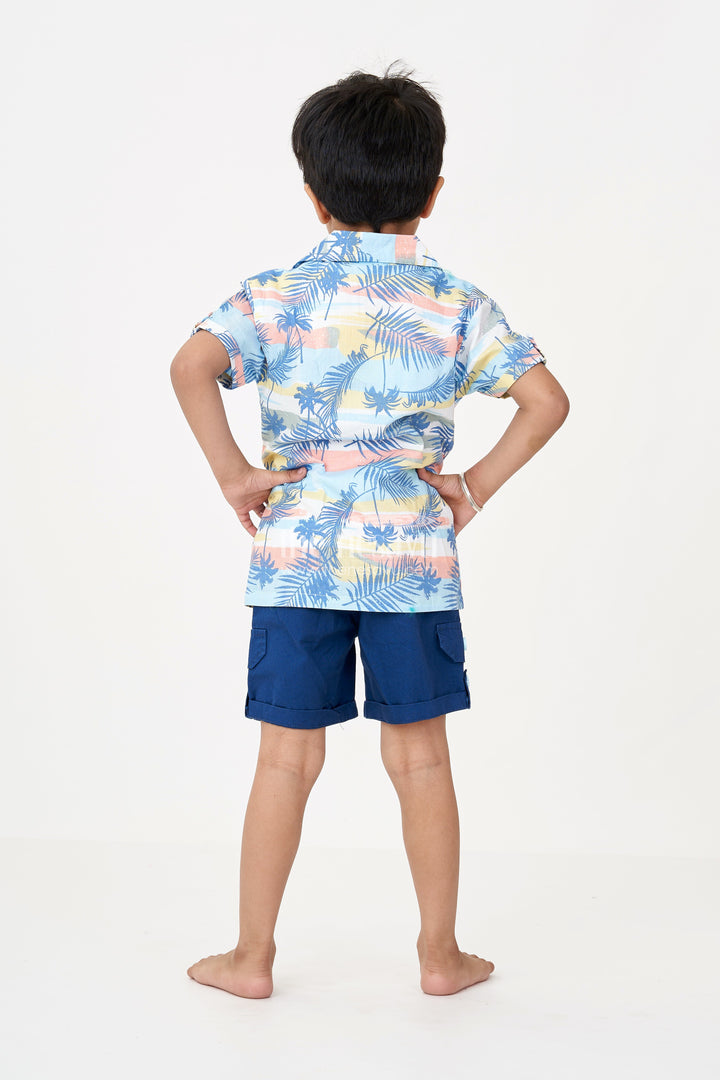 The Nesavu Boys Casual Set Boys Casual Dress Mens Outfits in Cotton with Tropical Print Shirt and Navy Shorts Combo Nesavu Nesavu Boys Cotton Casual Dress Mens Outfits Style Tropical Shirt Tee Shorts Combo