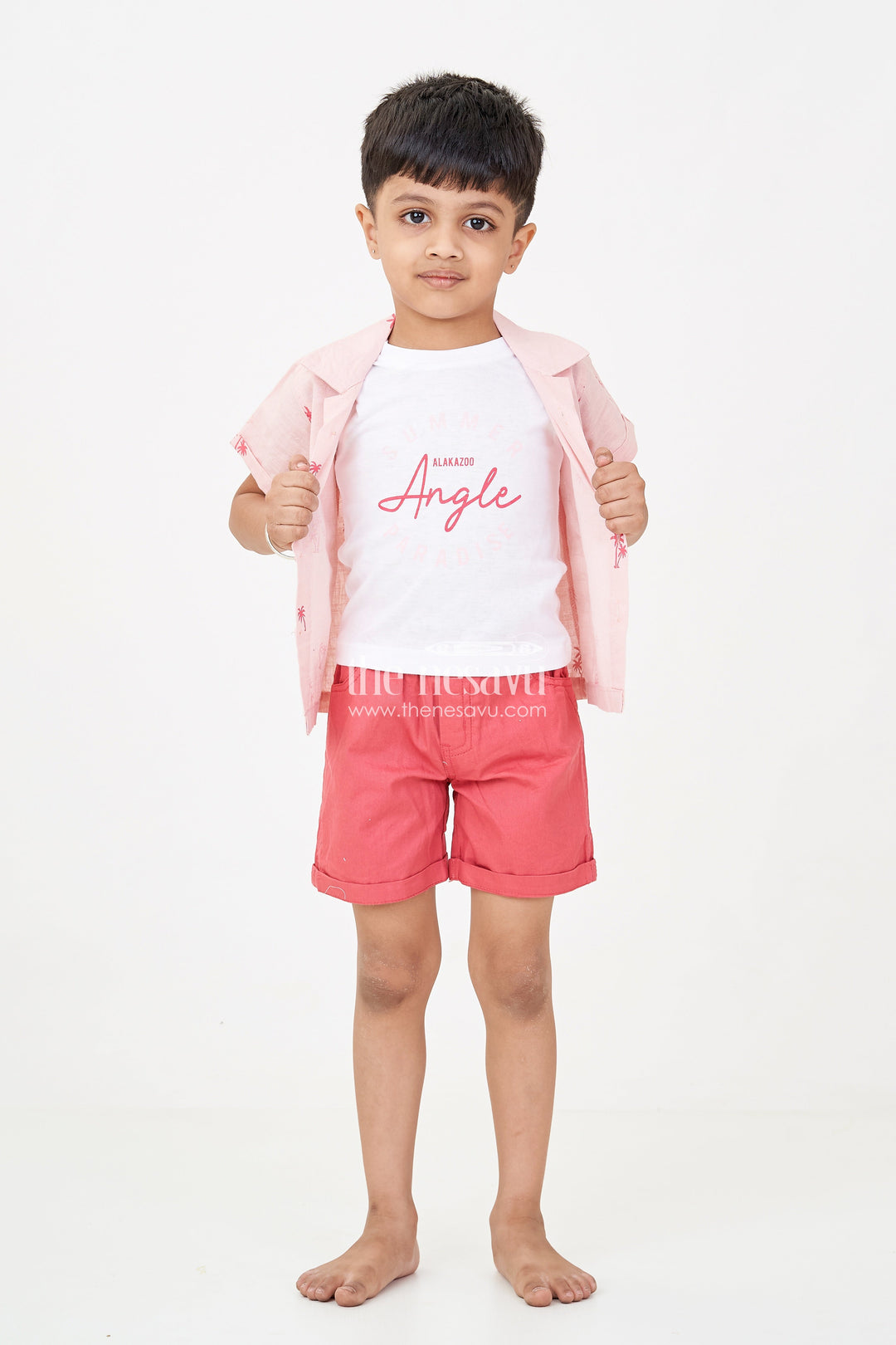 The Nesavu Boys Casual Set Boys casual outfits with Coral Palm Shirt and Sleeveless Graphic Tee for Playful Summer Style Nesavu 14 (6M) / Pink BCS243B-14 Nesavu Boys casual outfits Set Coral Palm Shirt Sleeveless Tee Rust Shorts Summer Style