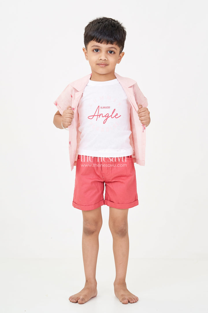 The Nesavu Boys Casual Set Boys casual outfits with Coral Palm Shirt and Sleeveless Graphic Tee for Playful Summer Style Nesavu 14 (6M) / Pink BCS243B-14 Nesavu Boys casual outfits Set Coral Palm Shirt Sleeveless Tee Rust Shorts Summer Style