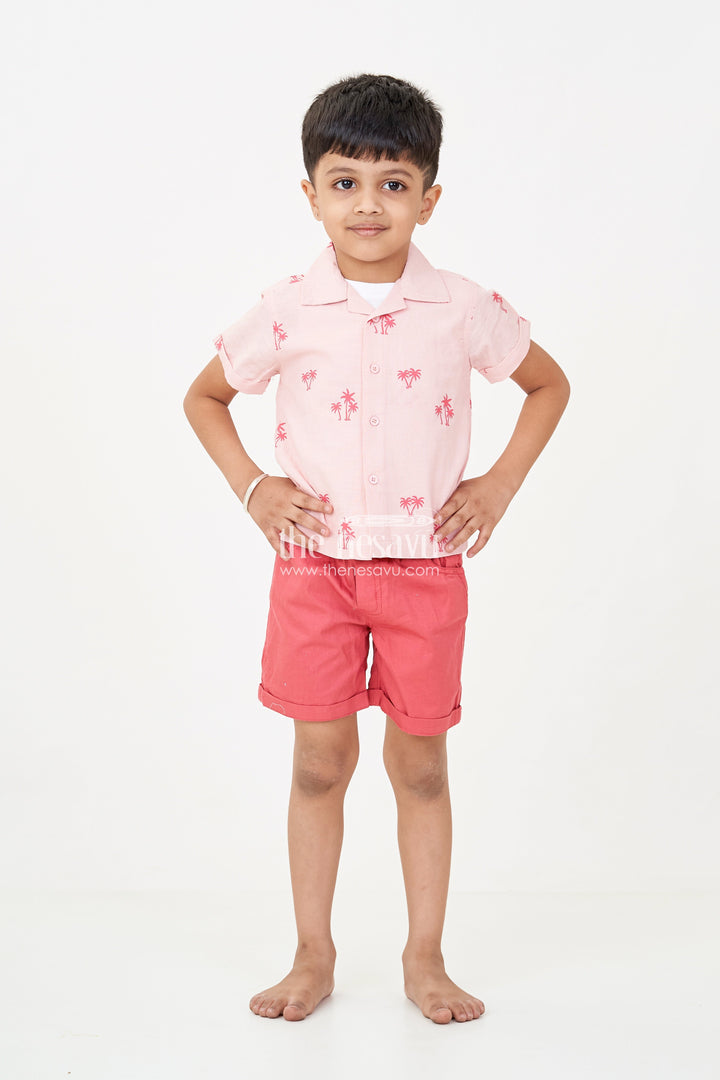 The Nesavu Boys Casual Set Boys casual outfits with Coral Palm Shirt and Sleeveless Graphic Tee for Playful Summer Style Nesavu Nesavu Boys casual outfits Set Coral Palm Shirt Sleeveless Tee Rust Shorts Summer Style