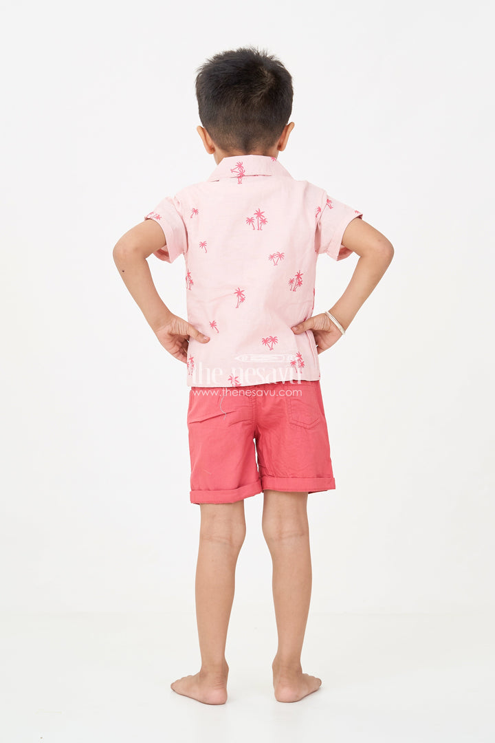 The Nesavu Boys Casual Set Boys casual outfits with Coral Palm Shirt and Sleeveless Graphic Tee for Playful Summer Style Nesavu Nesavu Boys casual outfits Set Coral Palm Shirt Sleeveless Tee Rust Shorts Summer Style