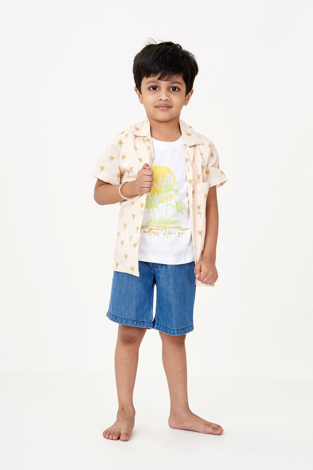 The Nesavu Boys Casual Set Boys Casual Pants and Jacket Set in Beige Cotton with Palm Tree Print and Denim Shorts Nesavu Nesavu Boys Beige Casual Pants Jacket Set Printed Shirt Tee Denim Shorts