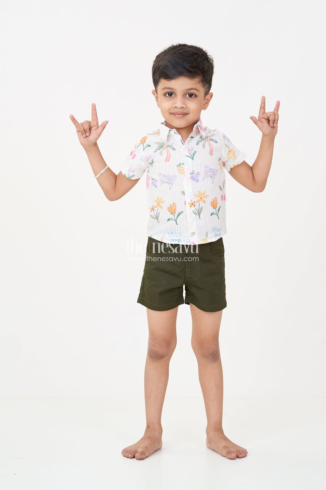 The Nesavu Boys Casual Set Boys casual summer wear Set with Digital Printed Shirt and Solid Black Shorts for a Fun Sunny Day Nesavu 14 (6M) / White BCS244A-14 Nesavu Boys casual summer wear Set Printed Fruit Graphic Shirt Black Shorts Bright Days