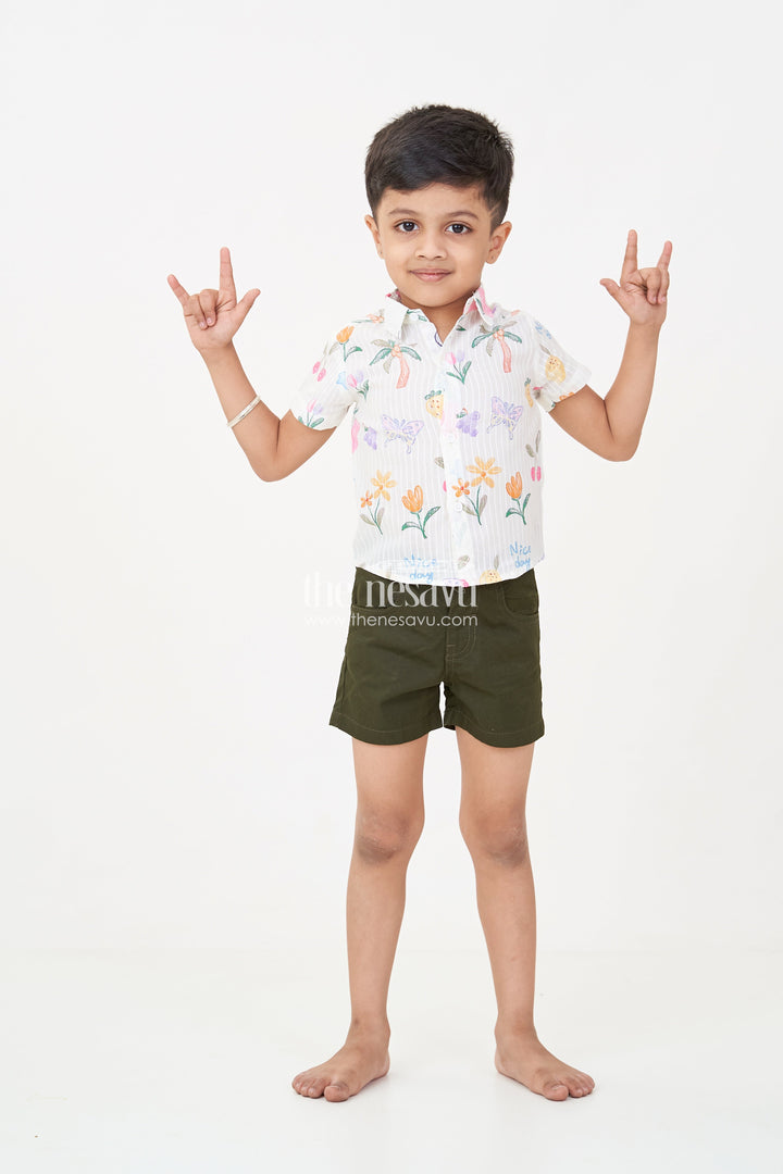 The Nesavu Boys Casual Set Boys casual summer wear Set with Digital Printed Shirt and Solid Black Shorts for a Fun Sunny Day Nesavu 14 (6M) / White BCS244A-14 Nesavu Boys casual summer wear Set Printed Fruit Graphic Shirt Black Shorts Bright Days