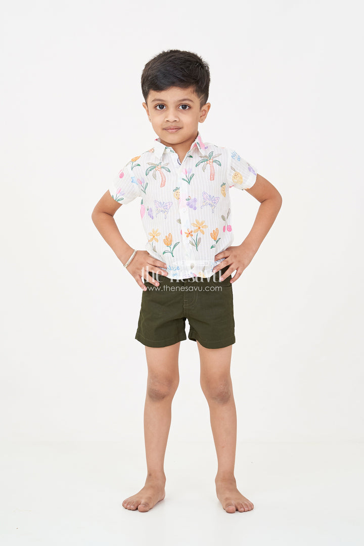The Nesavu Boys Casual Set Boys Casual Summer Wear Set with Digital Printed Shirt and Solid Black Shorts for a Fun Sunny Day Nesavu Boys casual summer wear Set Printed Fruit Graphic Shirt Black Shorts Bright Days | The Nesavu