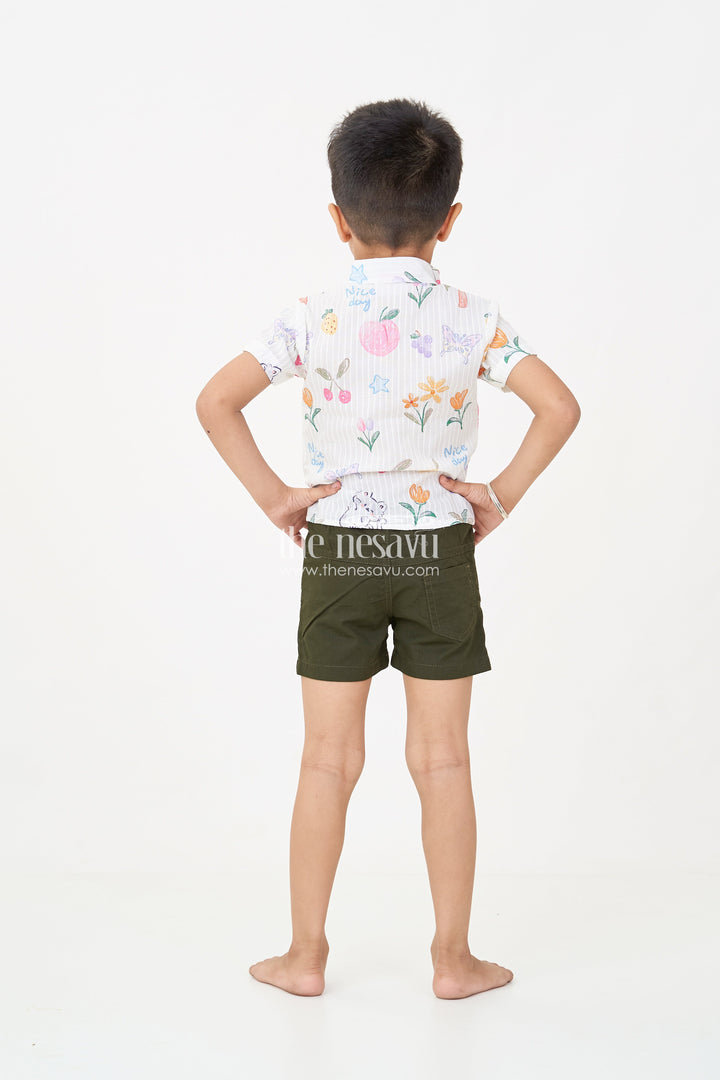 The Nesavu Boys Casual Set Boys casual summer wear Set with Digital Printed Shirt and Solid Black Shorts for a Fun Sunny Day Nesavu Nesavu Boys casual summer wear Set Printed Fruit Graphic Shirt Black Shorts Bright Days