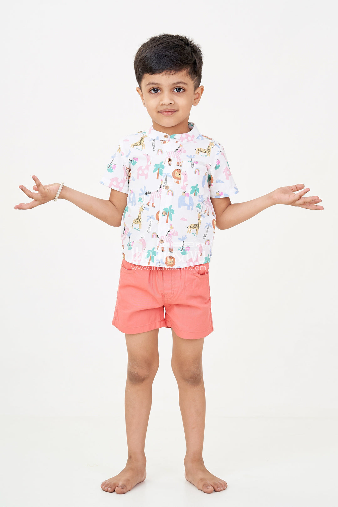 The Nesavu Boys Casual Set Boys casual winter outfits with Safari-Themed Digital Print Shirt and Rust Shorts for Year-Round Style Nesavu 14 (6M) / White BCS246A-14 Nesavu Boys casual winter outfits Set Safari Animal Print Shirt Rust Shorts Cool Casual Wear