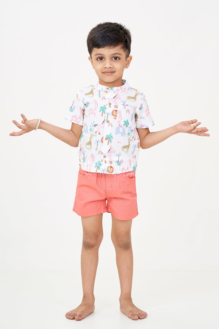 The Nesavu Boys Casual Set Boys casual winter outfits with Safari-Themed Digital Print Shirt and Rust Shorts for Year-Round Style Nesavu 14 (6M) / White BCS246A-14 Nesavu Boys casual winter outfits Set Safari Animal Print Shirt Rust Shorts Cool Casual Wear