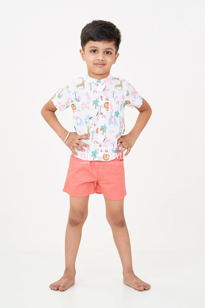 The Nesavu Boys Casual Set Boys Casual Winter Outfits with Safari-Themed Digital Print Shirt and Rust Shorts for Year-Round Style Nesavu Boys casual winter outfits Set Safari Animal Print Shirt Rust Shorts Cool Casual Wear | The Nesavu