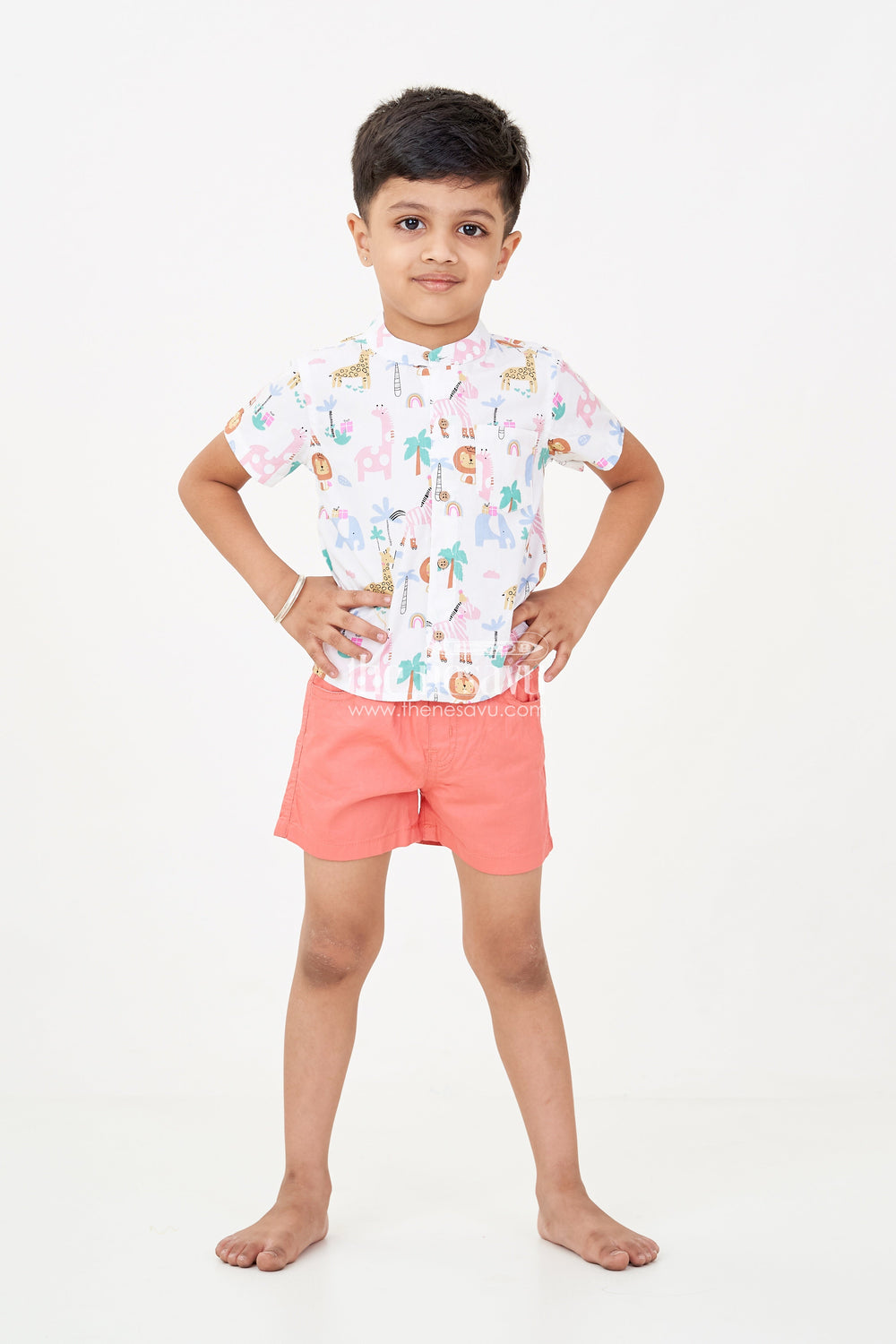The Nesavu Boys Casual Set Boys casual winter outfits with Safari-Themed Digital Print Shirt and Rust Shorts for Year-Round Style Nesavu Nesavu Boys casual winter outfits Set Safari Animal Print Shirt Rust Shorts Cool Casual Wear