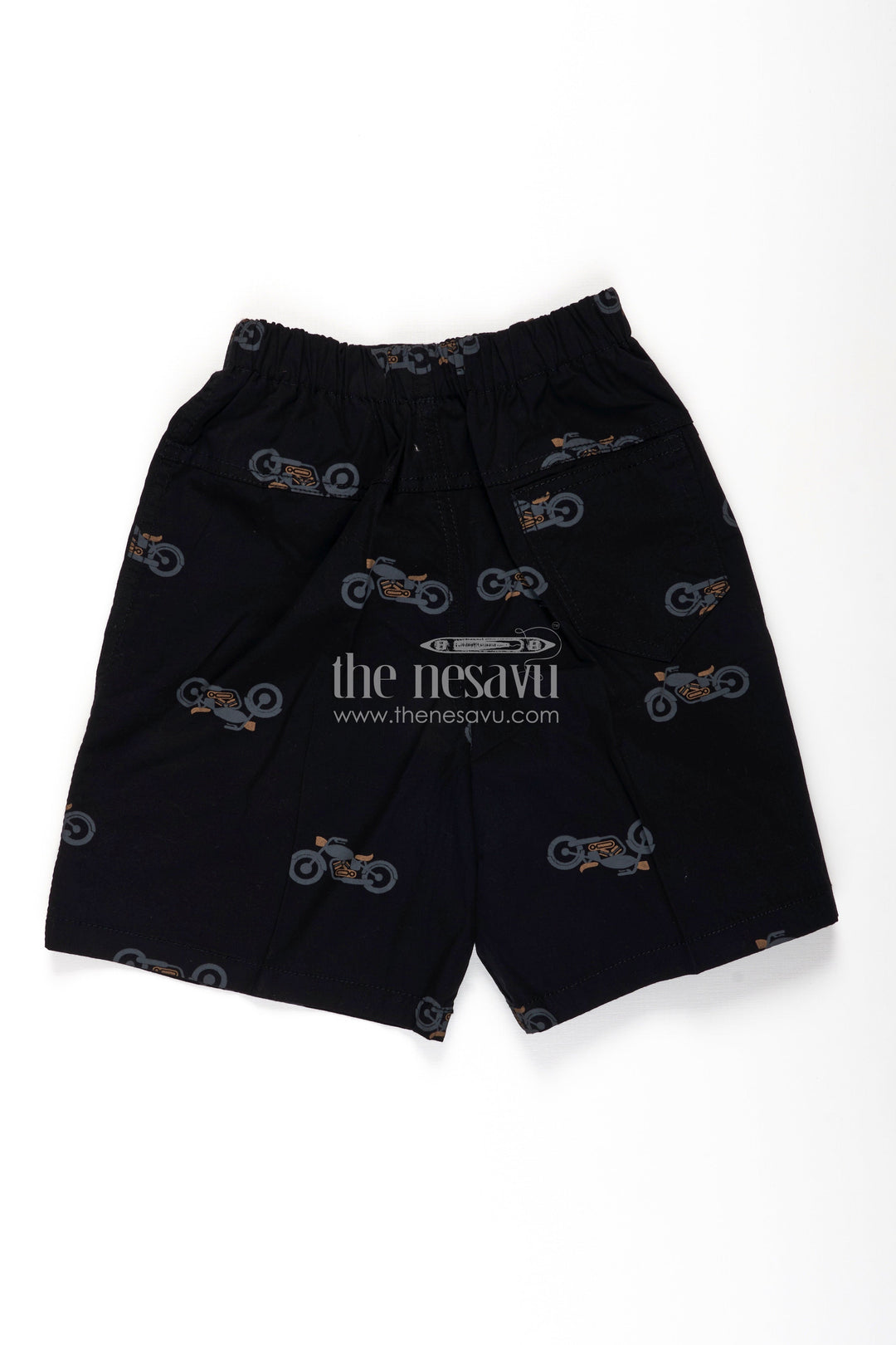 The Nesavu Boys Shorts Boys Cotton Black Shorts with Motorbike Print and Soft Stretch Waistband for Daily Comfort Nesavu Nesavu Boys Black Cotton Shorts Motorbike Print Stretch Waist Active Comfort