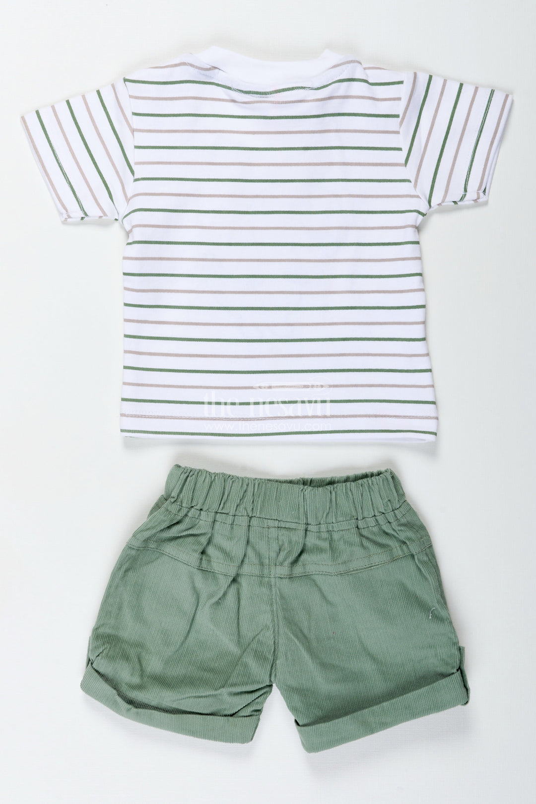 The Nesavu Boys Casual Set Boys Cotton Casual Matching Sets with Dinosaur Embellished Striped Tee and Olive Shorts for Playful Outings Nesavu Nesavu Boys Cotton Casual Matching Sets Dinosaur Patch Striped Tee Olive Shorts Everyday Comfort