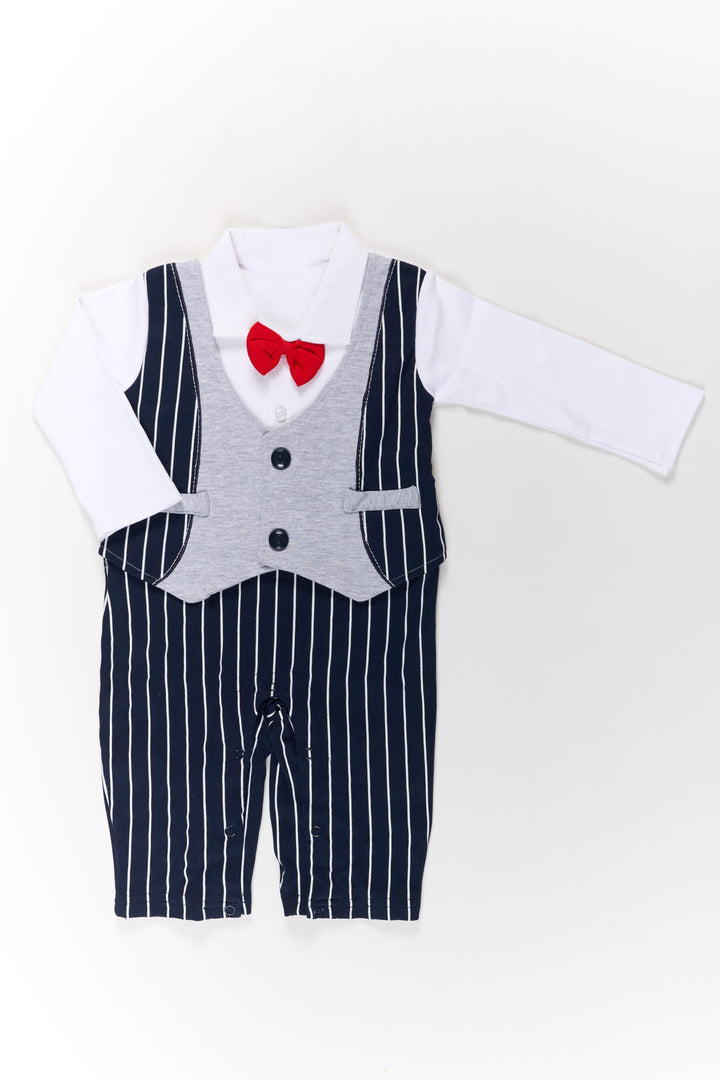 The Nesavu Boys Casual Set Boys Cotton Dungaree Set with White Shirt and Striped Black Overalls for Casual Wear Nesavu 12 (3M) / Multicolor BCS204A-12 Nesavu Boys Cotton Dungaree Set White Shirt Striped Black Overalls Bow Tie