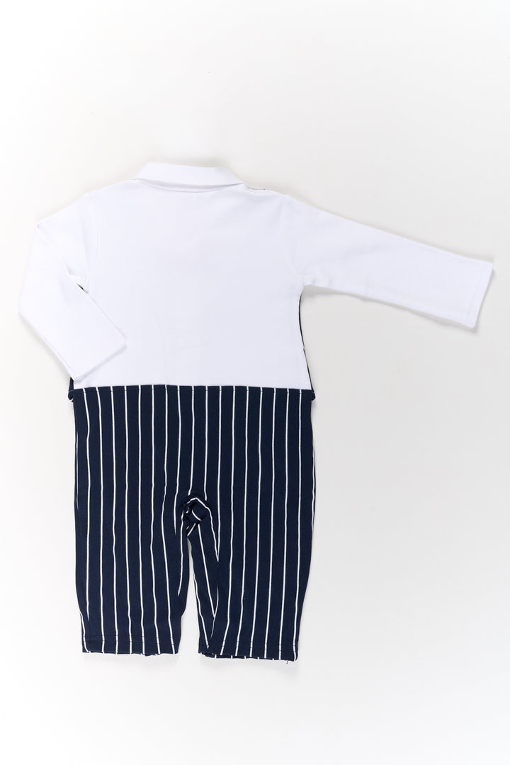 The Nesavu Boys Casual Set Boys Cotton Dungaree Set with White Shirt and Striped Black Overalls for Casual Wear Nesavu Boys Cotton Dungaree Set White Shirt Striped Black Overalls Bow Tie | The Nesavu