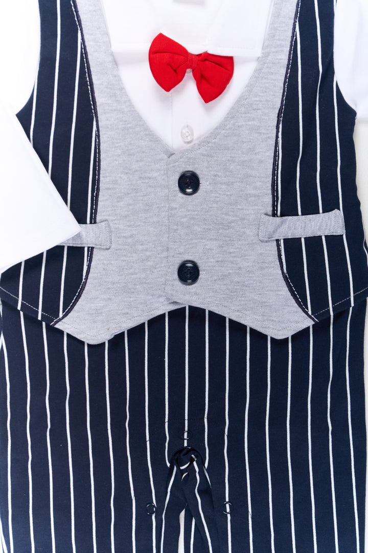 The Nesavu Boys Casual Set Boys Cotton Dungaree Set with White Shirt and Striped Black Overalls for Casual Wear Nesavu Boys Cotton Dungaree Set White Shirt Striped Black Overalls Bow Tie | The Nesavu