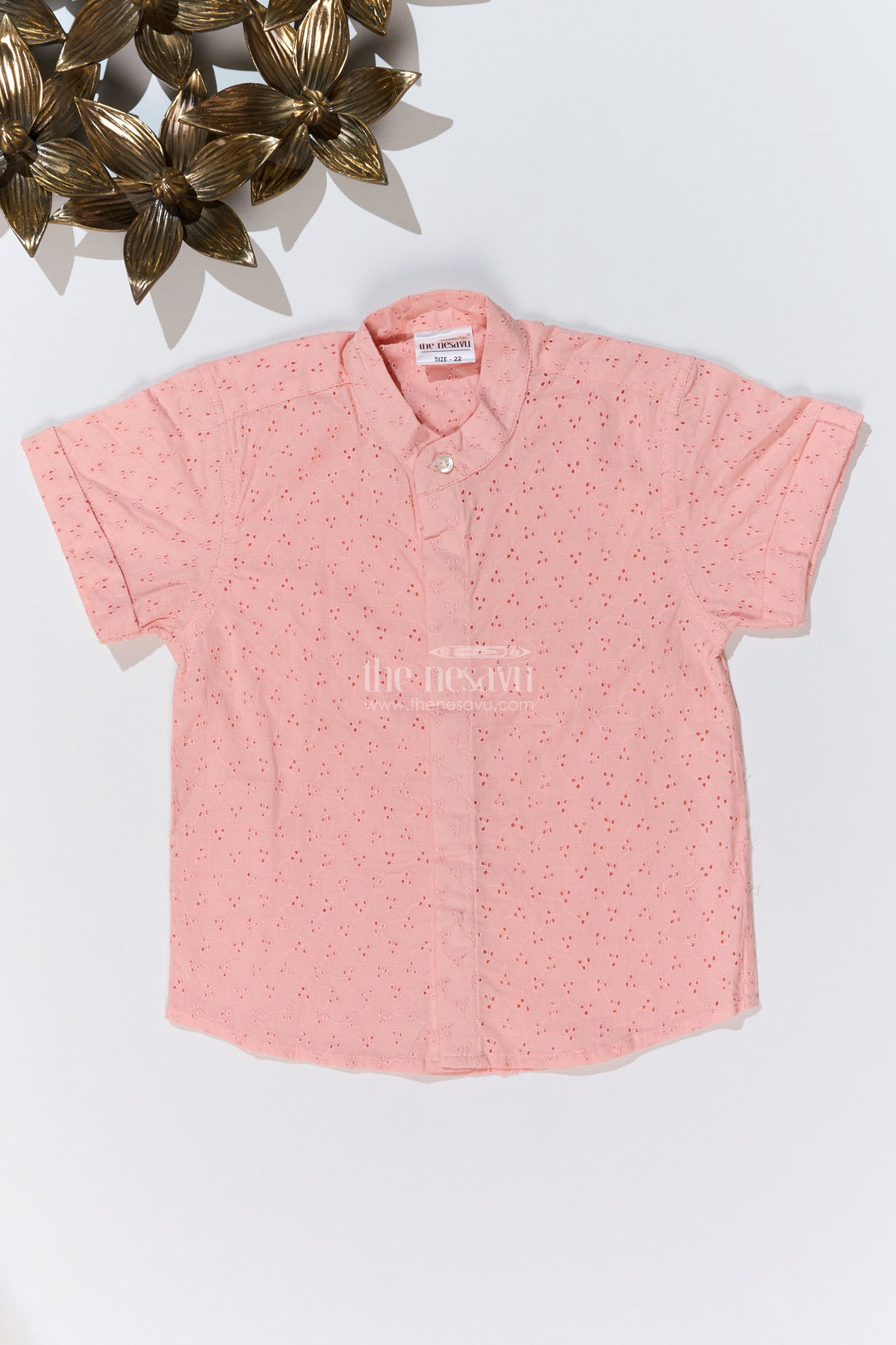The Nesavu Boys Cotton Shirt Boys Cotton Half Shirt with Hakoba Embroidery in Soft Peach for a Classic Look Nesavu 16 (1Y) / Peach BS213B-16 Nesavu Boys Cotton Half Shirt Hakoba Embroidery Mandarin Collar Peach