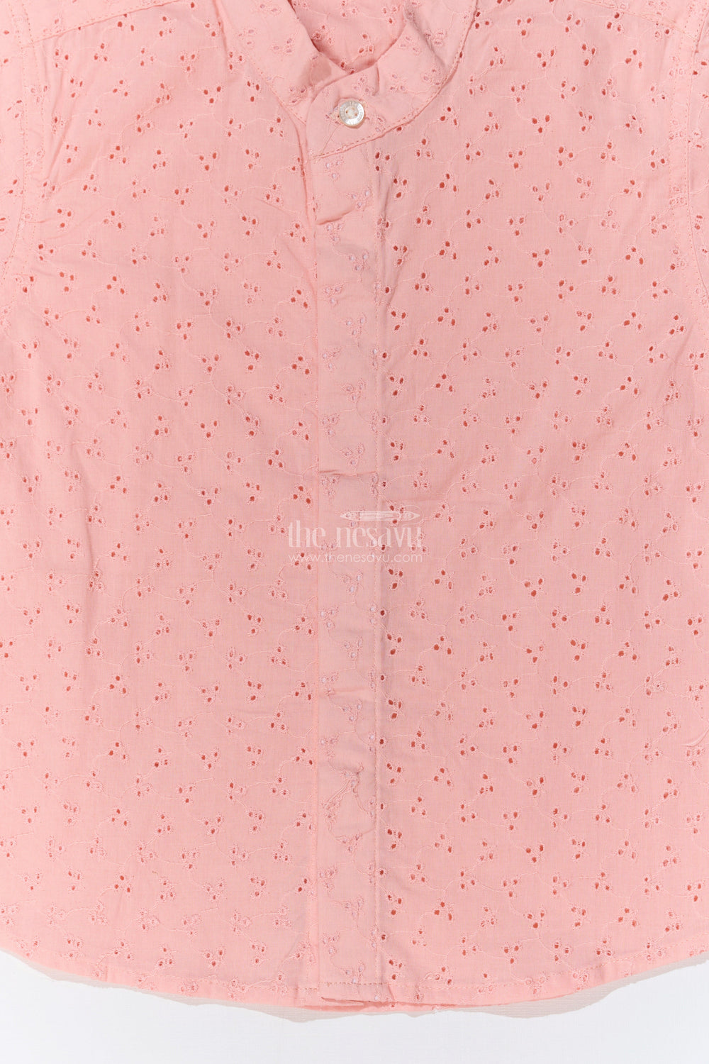 The Nesavu Boys Cotton Shirt Boys Cotton Half Shirt with Hakoba Embroidery in Soft Peach for a Classic Look Nesavu Nesavu Boys Cotton Half Shirt Hakoba Embroidery Mandarin Collar Peach