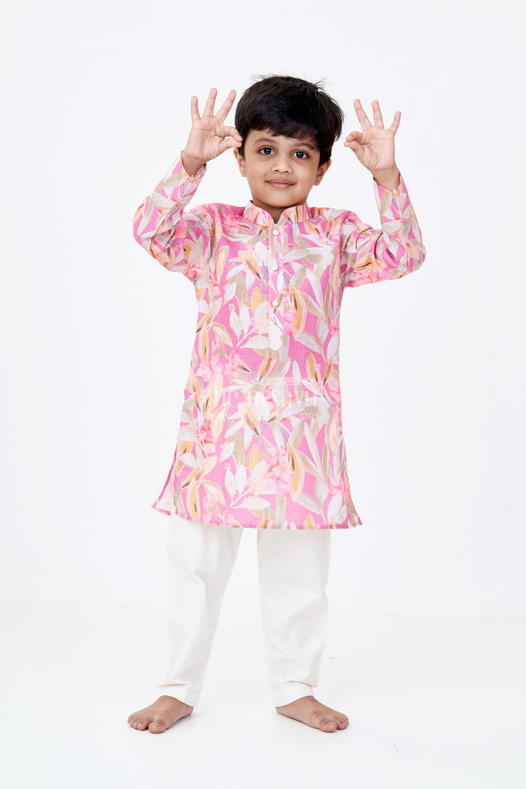 The Nesavu Boys Kurtha Set Boys Cotton Kurtha with Soft Floral Prints and Classic Mandarin Collar for Ethnic Wear Nesavu 14 (6M) / Pink BES663A-14 Nesavu Boys Cotton Kurtha Soft Floral Prints Classic Mandarin Collar Ethnic Wear