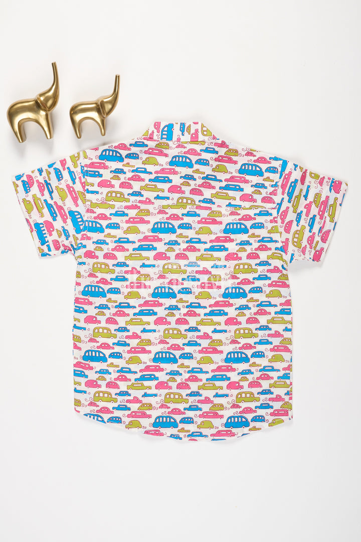 The Nesavu Boys Cotton Shirt Boys Cotton Shirt with Multicolor Car Print and Short Sleeves for Playful Casual Wear Nesavu Nesavu Boys Multicolor Cotton Shirt Car Print Short Sleeves Casual Adventures