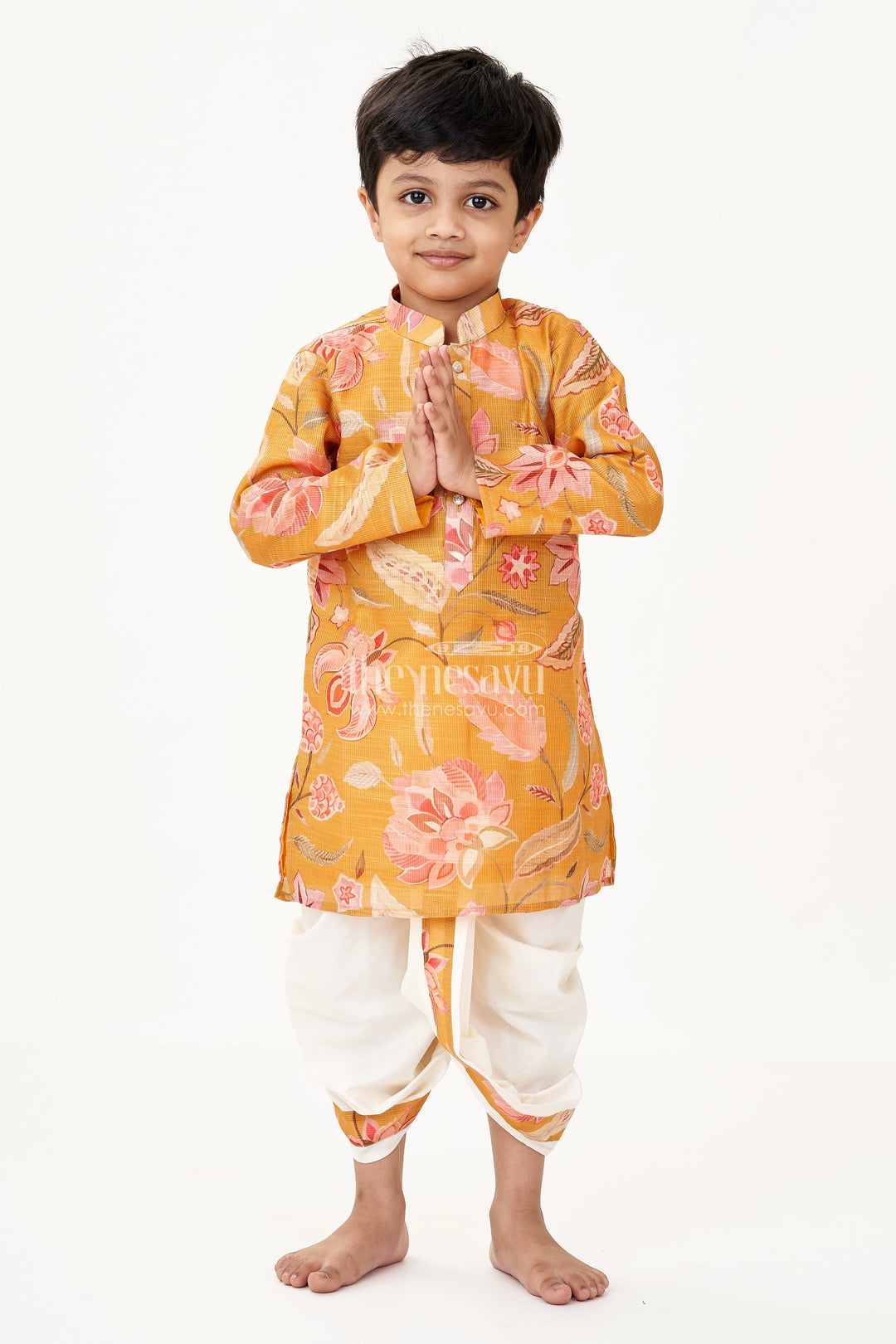 The Nesavu Boys Dothi Set Boys Cotton Tissue Dhoti Shirt Set with Floral Digital Print and Mustard Base for Traditional Charm Nesavu 16 (1Y) / Yellow BES678A-16 Nesavu Boys Dhoti Shirt Set Cotton Tissue Mustard Floral Digital Print Ethnic Wear