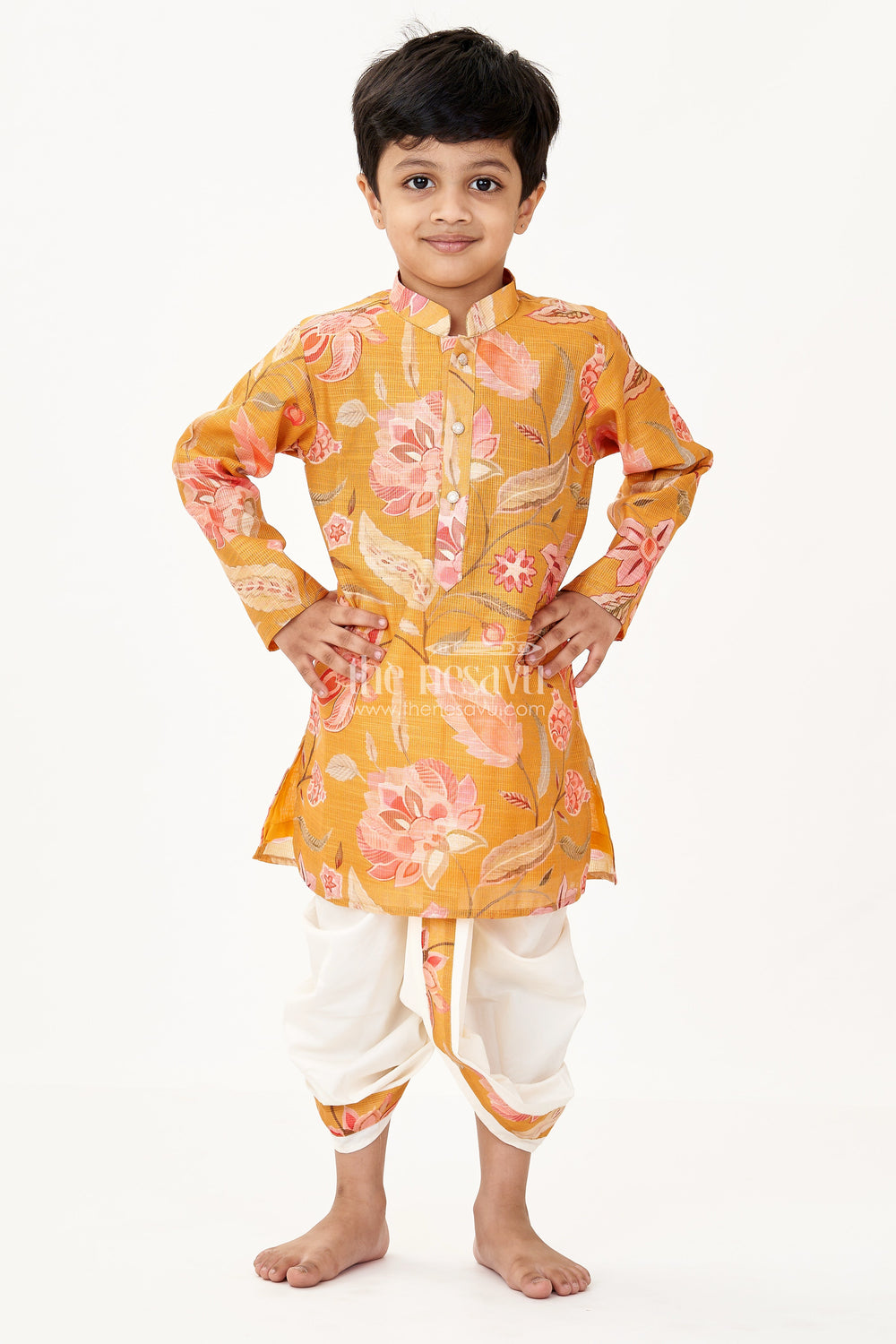 The Nesavu Boys Dothi Set Boys Cotton Tissue Dhoti Shirt Set with Floral Digital Print and Mustard Base for Traditional Charm Nesavu Nesavu Boys Dhoti Shirt Set Cotton Tissue Mustard Floral Digital Print Ethnic Wear