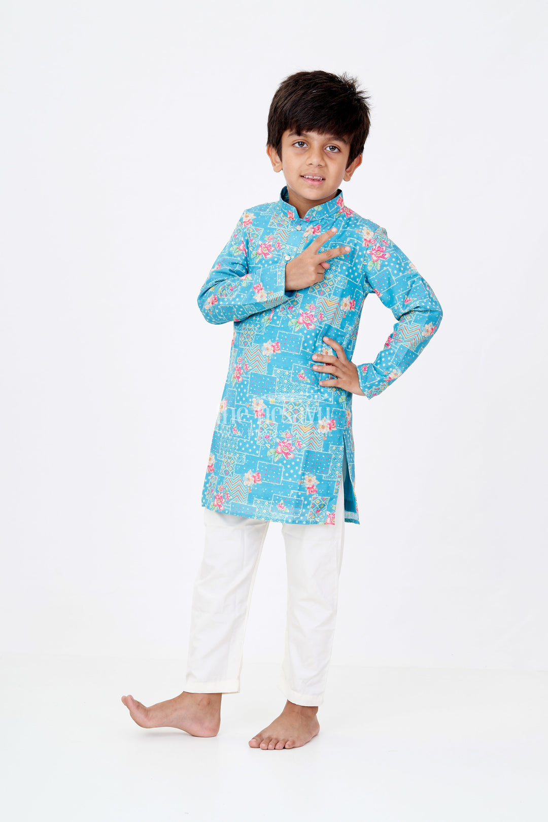 The Nesavu Boys Kurtha Set Boys Cotton Tissue Printed Shirt Kurta Set in Aqua Teal with Geometric and Floral Digital Print Nesavu 16 (1Y) / Green BES679A-16 Nesavu Boys Printed Shirt Kurta Set Cotton Tissue Aqua Teal Base Digital Floral Accents
