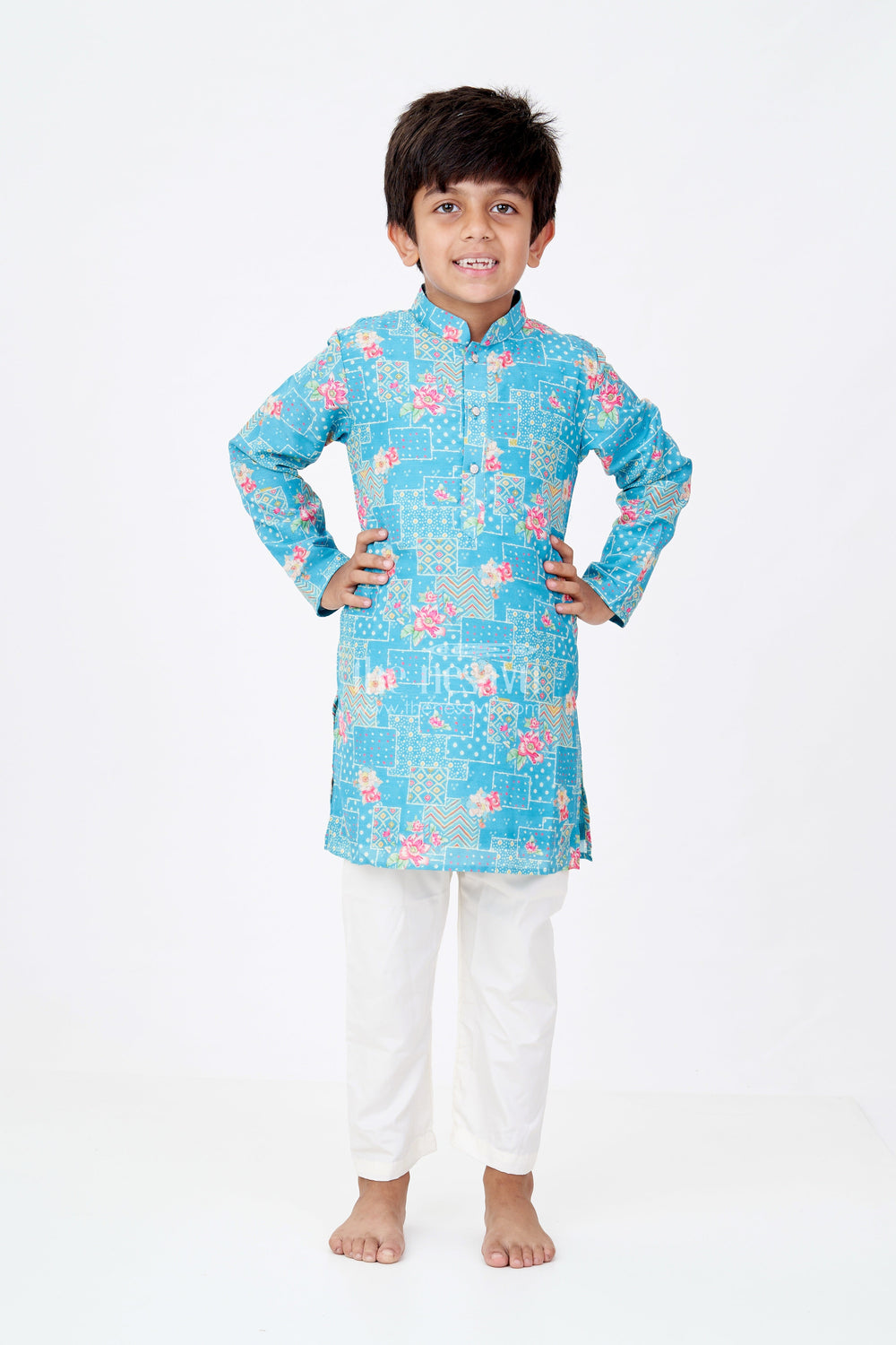 The Nesavu Boys Kurtha Set Boys Cotton Tissue Printed Shirt Kurta Set in Aqua Teal with Geometric and Floral Digital Print Nesavu Nesavu Boys Printed Shirt Kurta Set Cotton Tissue Aqua Teal Base Digital Floral Accents