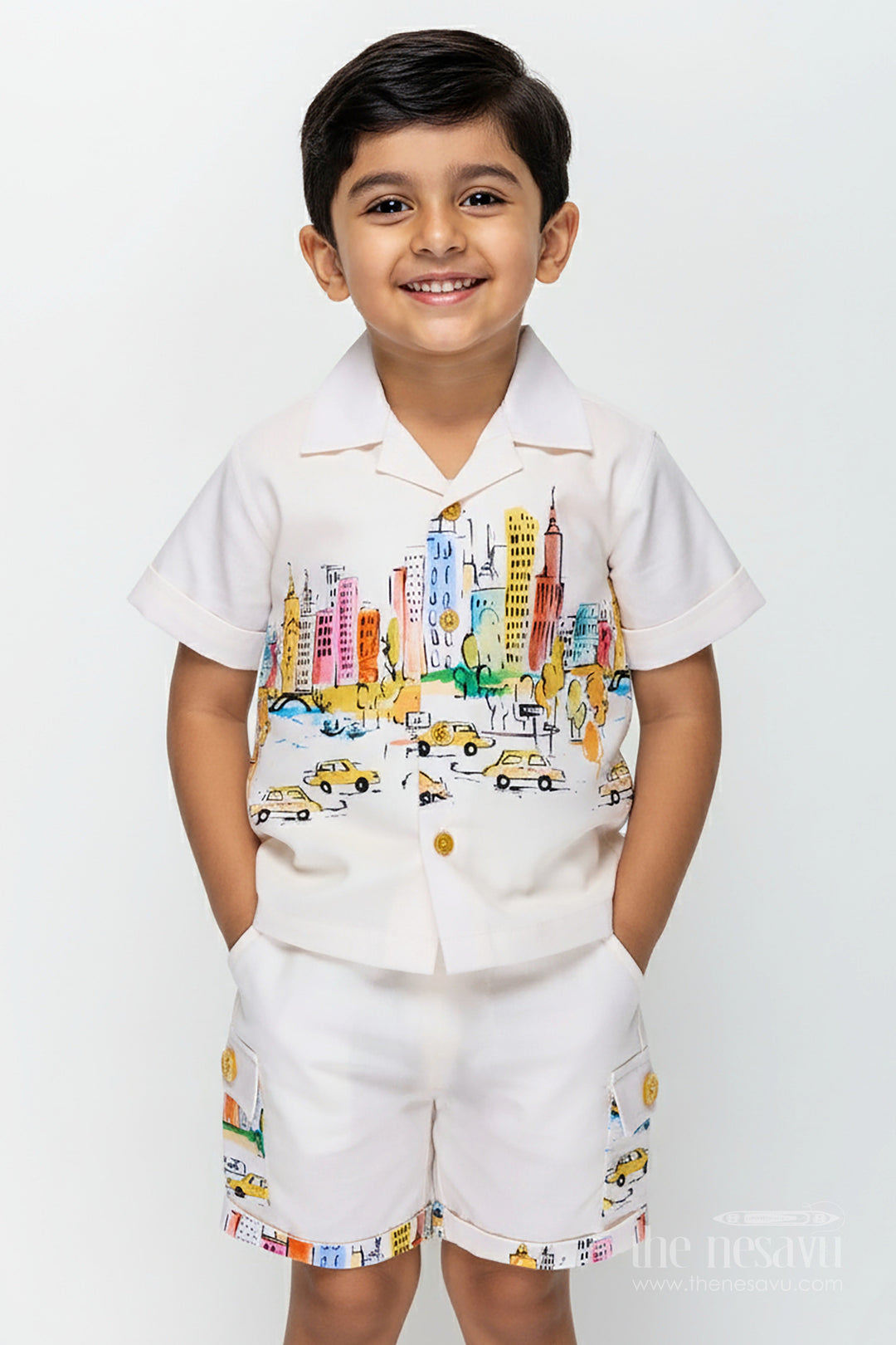 The Nesavu Boys Casual Set Boys Cotton Vintage Print Shirts Set with Matching Shorts for Stylish Everyday Dressing Nesavu 14 (6M) / Cream BCS277A-14 Nesavu Boys Cotton Vintage Printed Shirt Shorts Set Coordinated Style Everyday Outfits