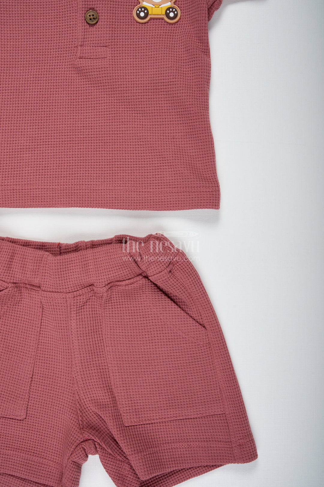 The Nesavu Boys Casual Set Boys Cotton Waffle Knit Casual Top and Short Set with Pocket Detailing in Rust Tone for All Day Ease Nesavu Nesavu Boys Casual Top Short Set Cotton Waffle Knit Front Buttons Pocket Detail