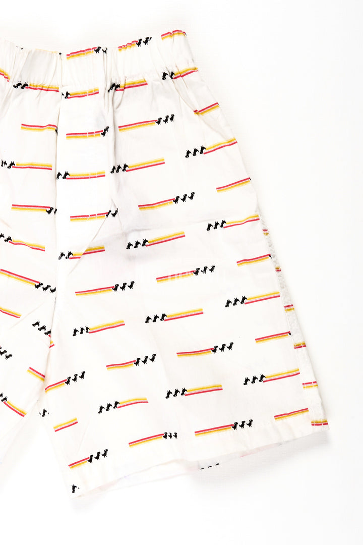The Nesavu Boys Shorts Boys Cotton White Shorts with Stripe and Bird Print and Soft Fit Waistband for Casual Comfort Nesavu Nesavu Boys Cotton White Shorts Colorful Stripe Bird Print Easy Fit Waistband