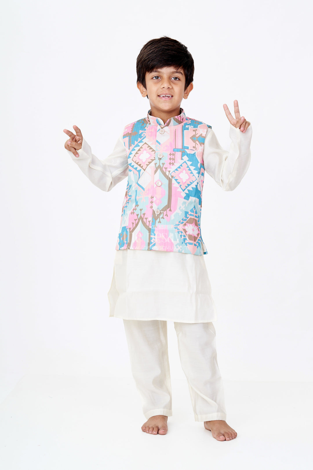 The Nesavu Boys Kurtha Set Boys Cream Color Kurta Set with Digital Print Jacket in Multicolor Geometric Motifs Nesavu 16 (1Y) / Cream BES680A-16 Nesavu Boys Cream Color Kurta Multicolor Digital Print Jacket Silk Blend Fabric