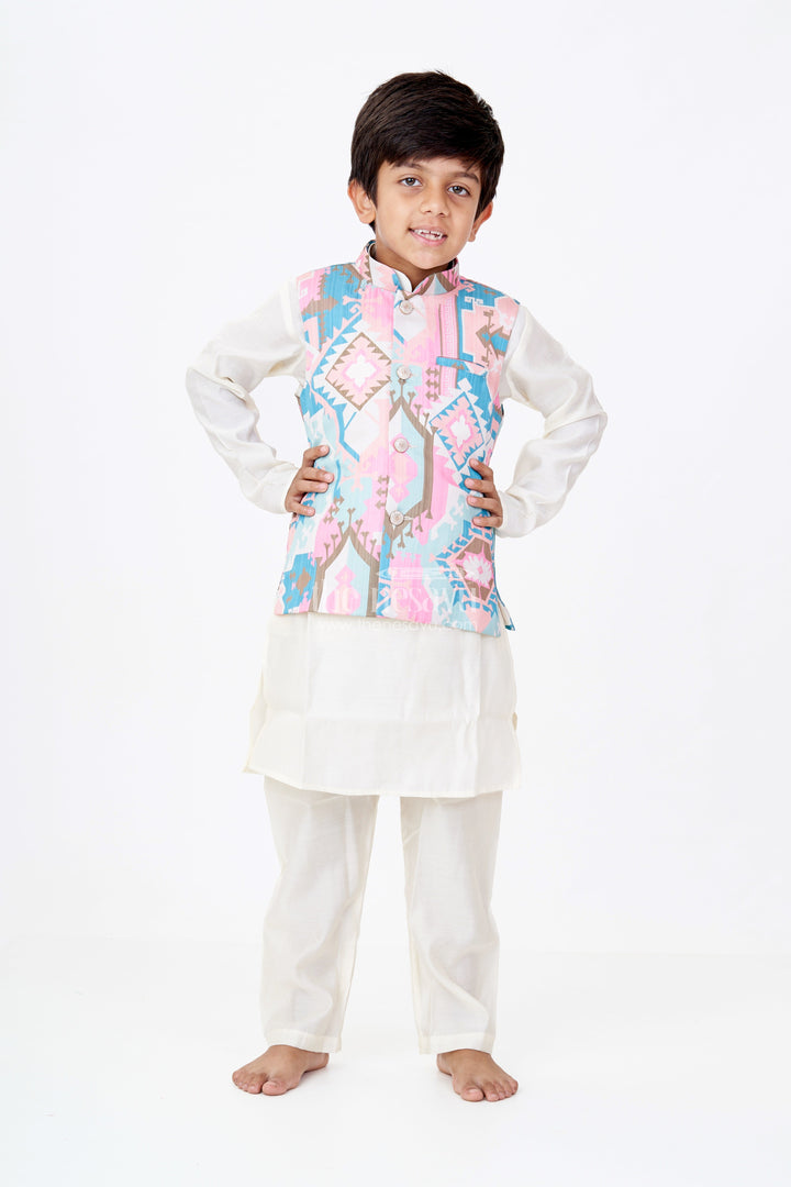 The Nesavu Boys Kurtha Set Boys Cream Color Kurta Set with Digital Print Jacket in Multicolor Geometric Motifs Nesavu Boys Cream Color Kurta Multicolor Digital Print Jacket Silk Blend Fabric | The Nesavu