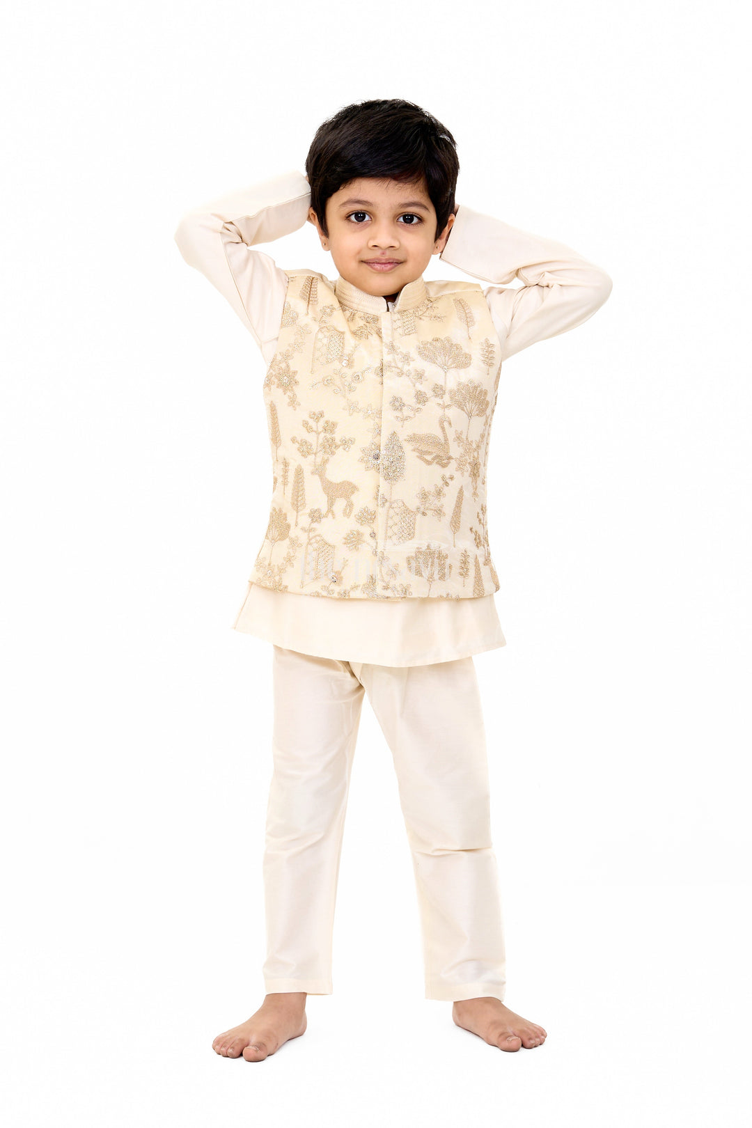 The Nesavu Boys Dothi Set Boys Cream Kurta Set with Embroidered Jacket and Straight Pants for Festive Wear Nesavu Nesavu Boys Cream Kurta Set Embroidered Jacket Matching Pants Weddings