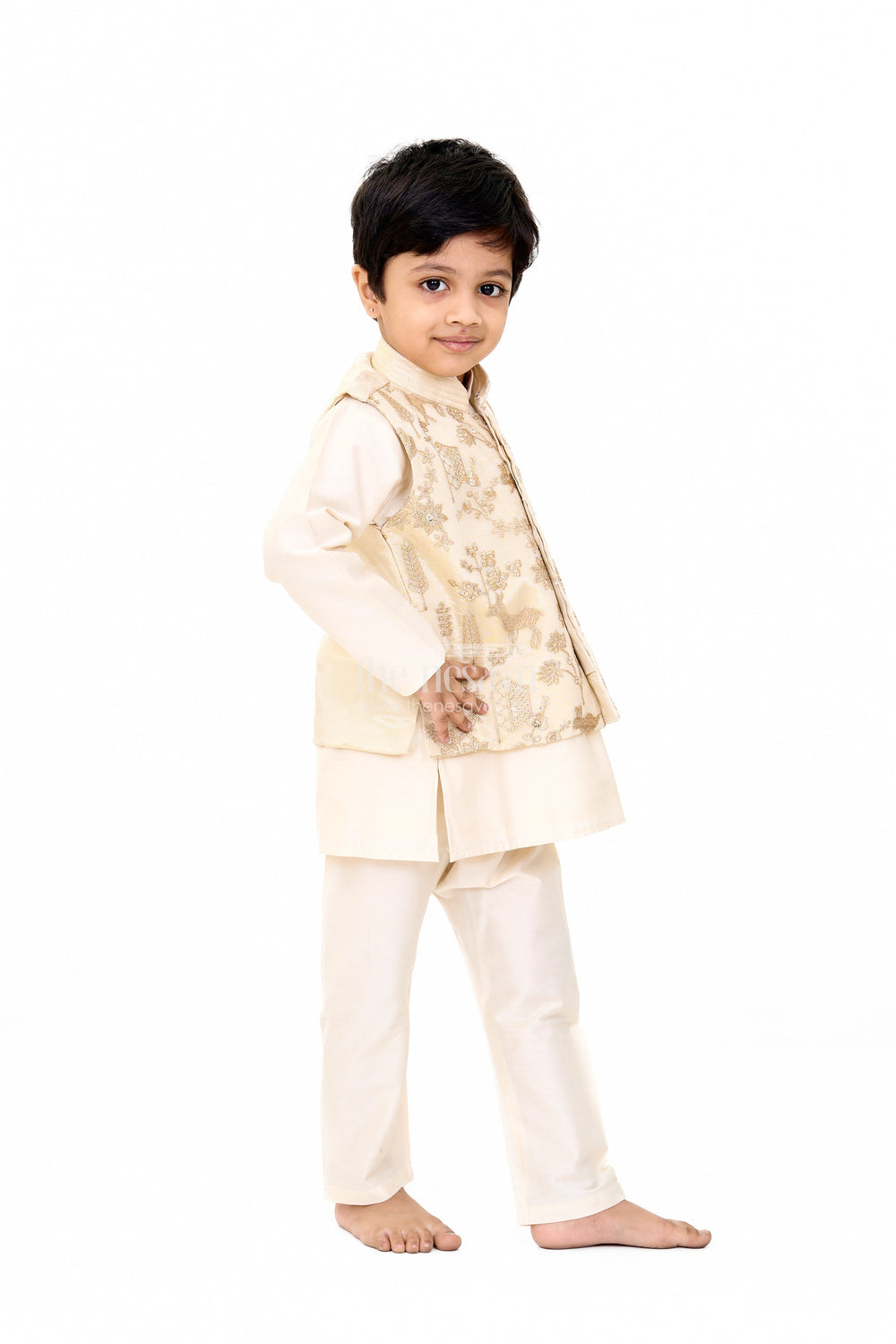The Nesavu Boys Dothi Set Boys Cream Kurta Set with Embroidered Jacket and Straight Pants for Festive Wear Nesavu Nesavu Boys Cream Kurta Set Embroidered Jacket Matching Pants Weddings