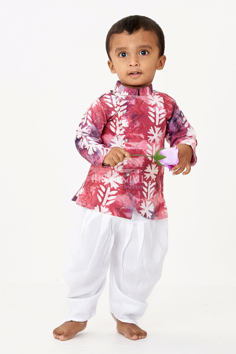 The Nesavu Boys Dothi Set Boys Designer Ethnic Wear in Maroon Batik Print Chanderi Cotton with Sequin Embroidery and White Dhoti Nesavu Nesavu Boys Designer Ethnic Wear Set Maroon Batik Chanderi Cotton Embroidery Dhoti