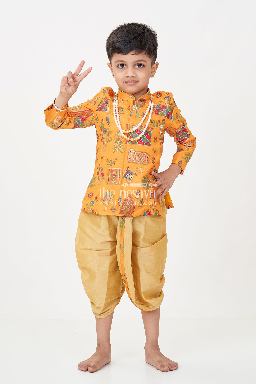 The Nesavu Boys Sherwani Boys dhoti and sherwani Set with Printed Yellow Kurta and Complete Traditional Accessory Kit Nesavu 12 (3M) / Yellow BES704A-12 Nesavu Boys dhoti sherwani Set Yellow Printed Kurta Full Traditional Accessory Ensemble