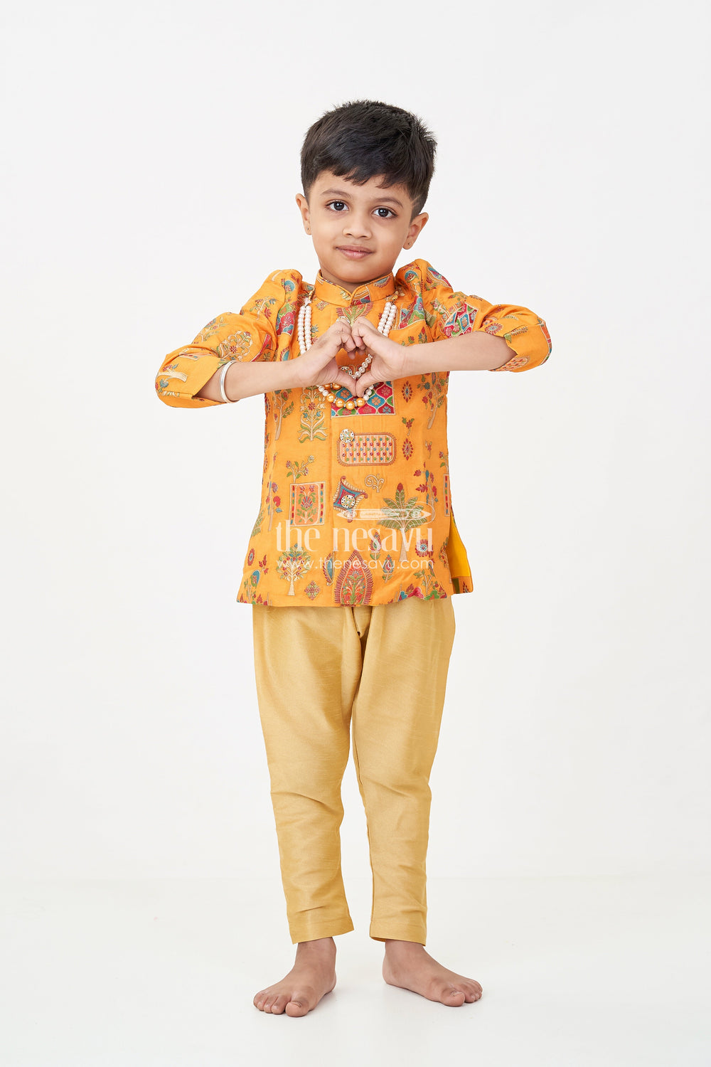 The Nesavu Boys Sherwani Boys dhoti and sherwani Set with Printed Yellow Kurta and Complete Traditional Accessory Kit Nesavu Nesavu Boys dhoti sherwani Set Yellow Printed Kurta Full Traditional Accessory Ensemble