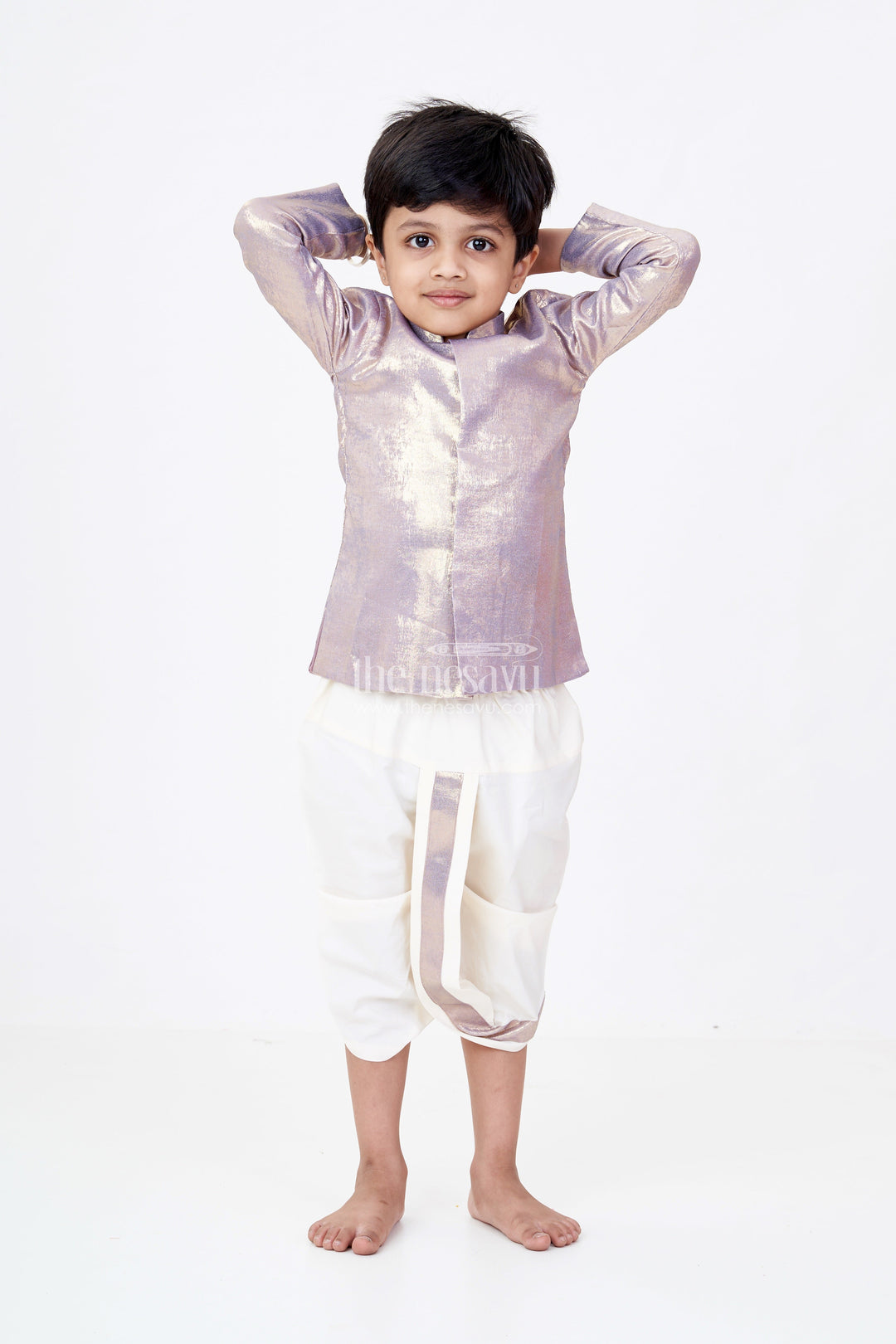 The Nesavu Boys Dothi Set Boys Dhoti and Shirt Set with Metallic Gold Kurta and Cream Dhoti Pants Nesavu 10 (NB) / Gray BES594G-10 Nesavu Boys Dhoti Shirt Set Metallic Gold Kurta Cream Dhoti Pants