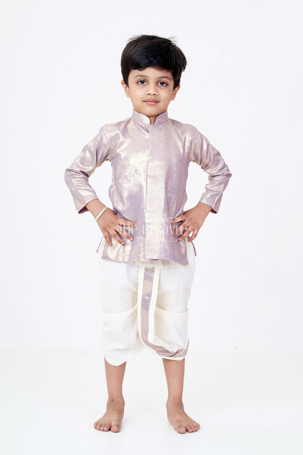 The Nesavu Boys Dothi Set Boys Dhoti and Shirt Set with Metallic Gold Kurta and Cream Dhoti Pants Nesavu Nesavu Boys Dhoti Shirt Set Metallic Gold Kurta Cream Dhoti Pants