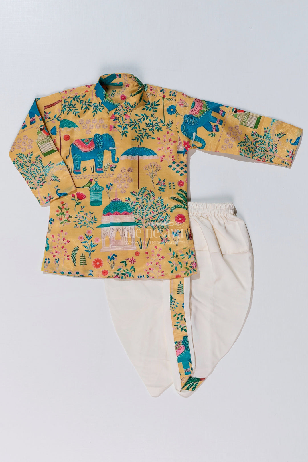 The Nesavu Boys Dothi Set Boys Dhoti Kurta Dress in Muslin Silk with Vibrant Digital Printed Design Nesavu 12 (3M) / Yellow BES641A-12 Nesavu Boys Dhoti Kurta Dress Muslin Silk Vibrant Digital Printed Design