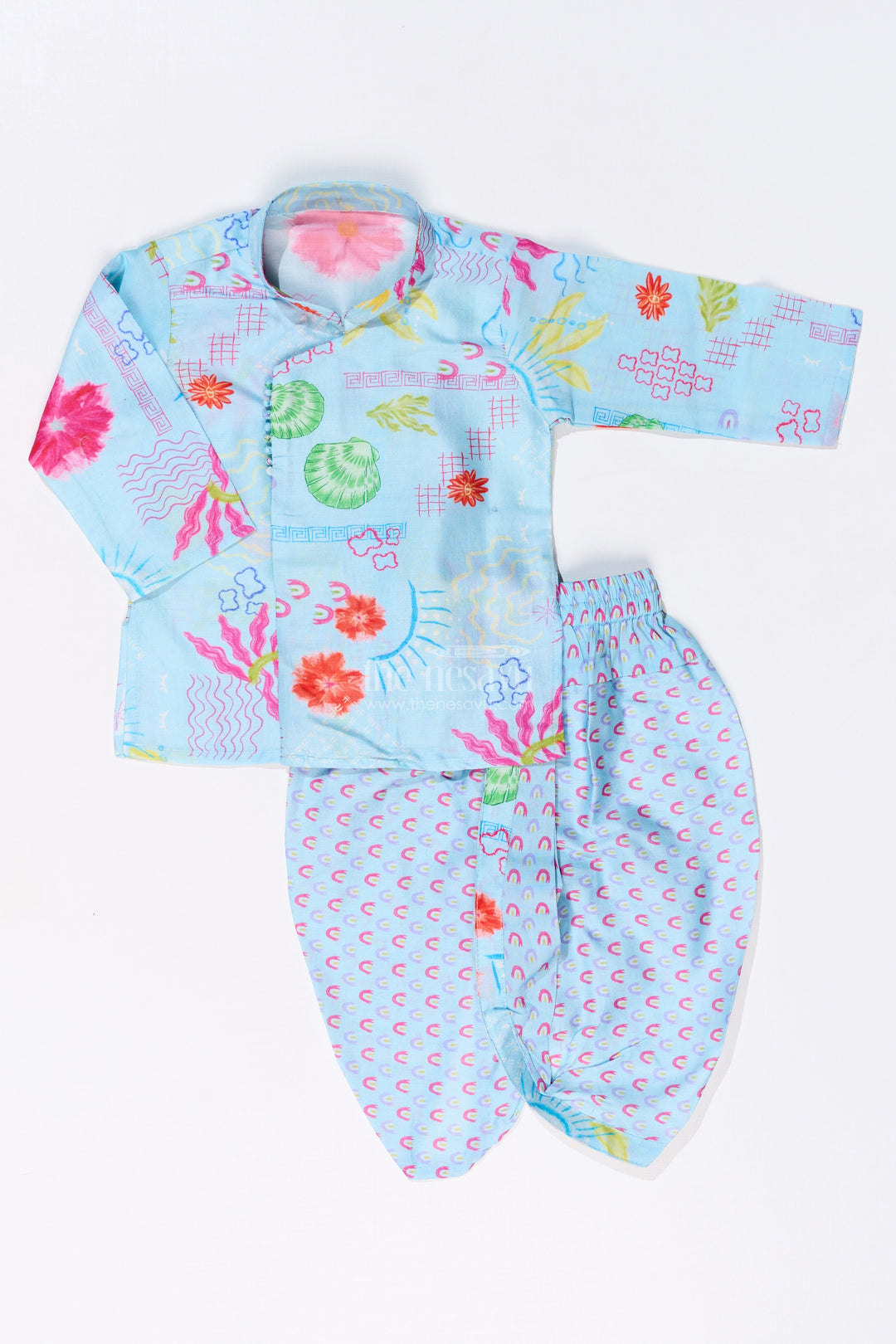 The Nesavu Boys Dothi Set Boys Dhoti Kurta for Kids with Floral Cotton Print for Traditional Celebrations Nesavu 12 (3M) / Blue BES651B-12 Nesavu Boys Dhoti Kurta Kids Floral Cotton Print Traditional Festive Wear