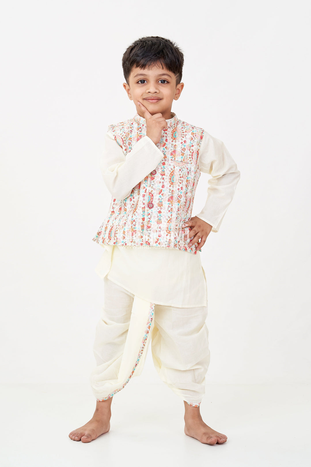 The Nesavu Boys Dothi Set Boys Dhoti Kurta Jacket Set in Beige Cotton with Digital Print Vest and Traditional Dhoti Pants Nesavu 12 (3M) / Multicolor BES701A-12 Nesavu Boys Dhoti Kurta Jacket Set Beige Cotton Base Multicolor Digital Print Vest